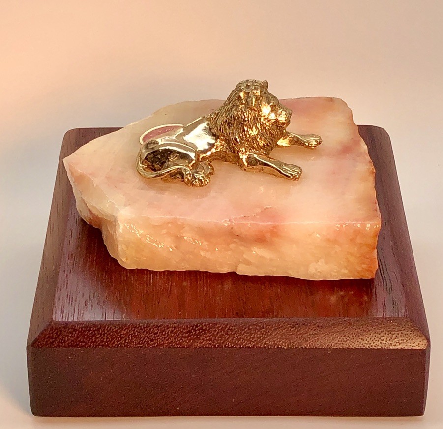 24K Gold plated pewter sculpture on pink Onyx. Wild Kingdom Series 1974. Original Price $20. Present value (2023) VF $200.; G $100.; R $50