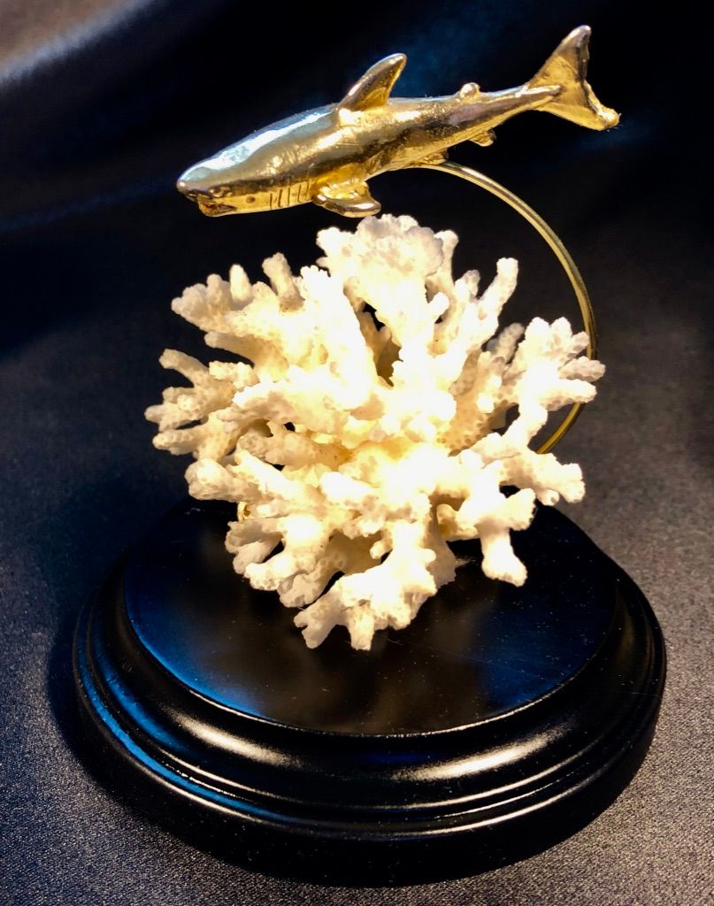 24K Gold plated pewter sculpture on White Coral. Aquatic Series 1974. Original Price $20. Present value (2023) VF $200.; G $100.; R $50