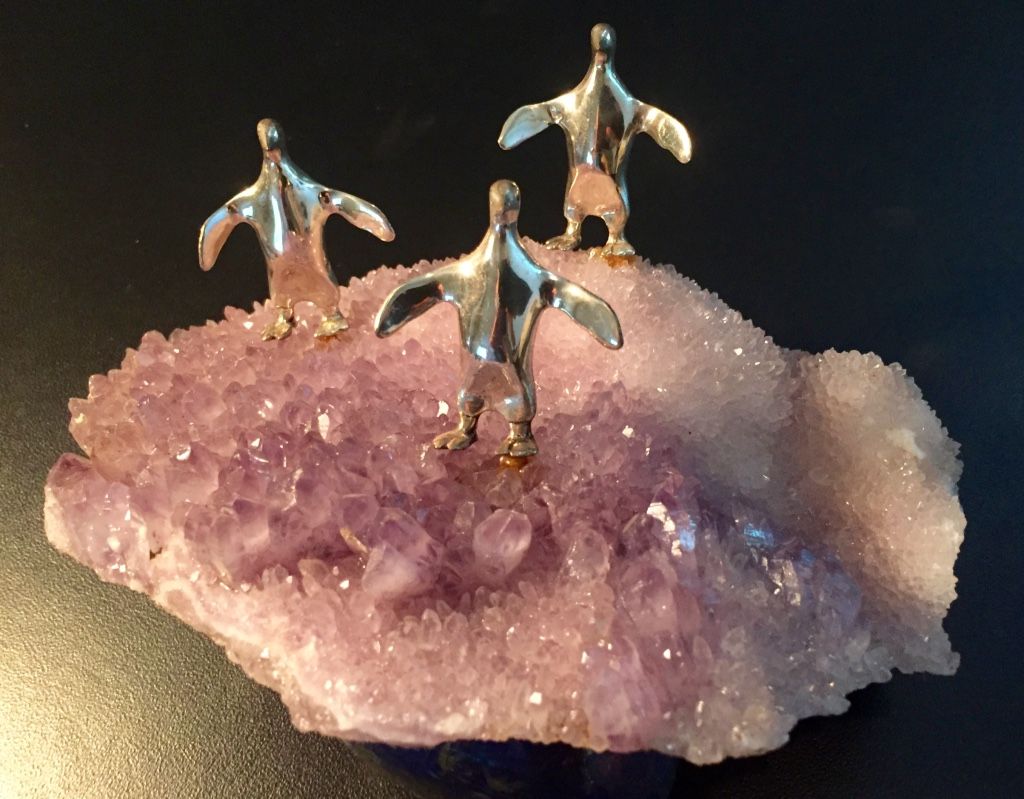 Sterling silver limited edition jewelry sculpture on Amethyst crystal mineral specimen base from Jess Nelson's 1972 Endangered Wildlife Series.