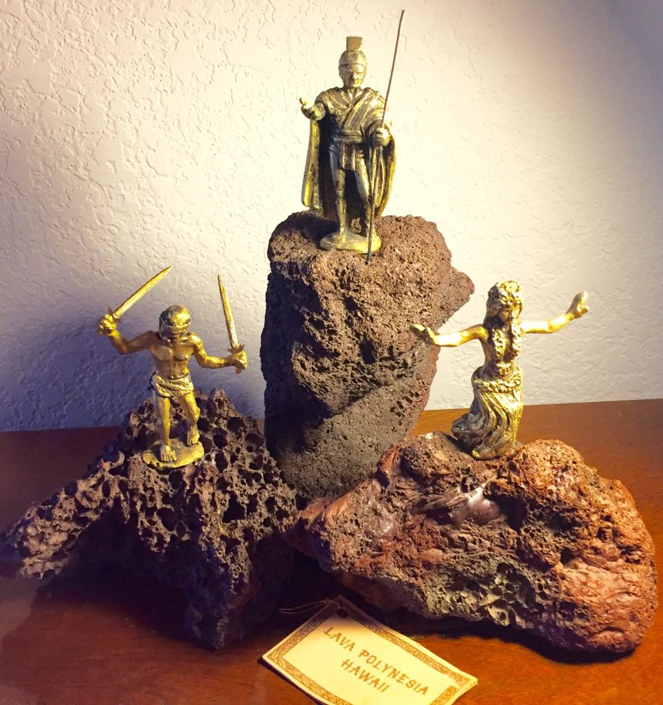 24K Gold plated pewter sculptures on Lava Rock. Hawaii Series 1974. Original Price $20. Present value (2023) VF $200.; G $100.; R $50 Each